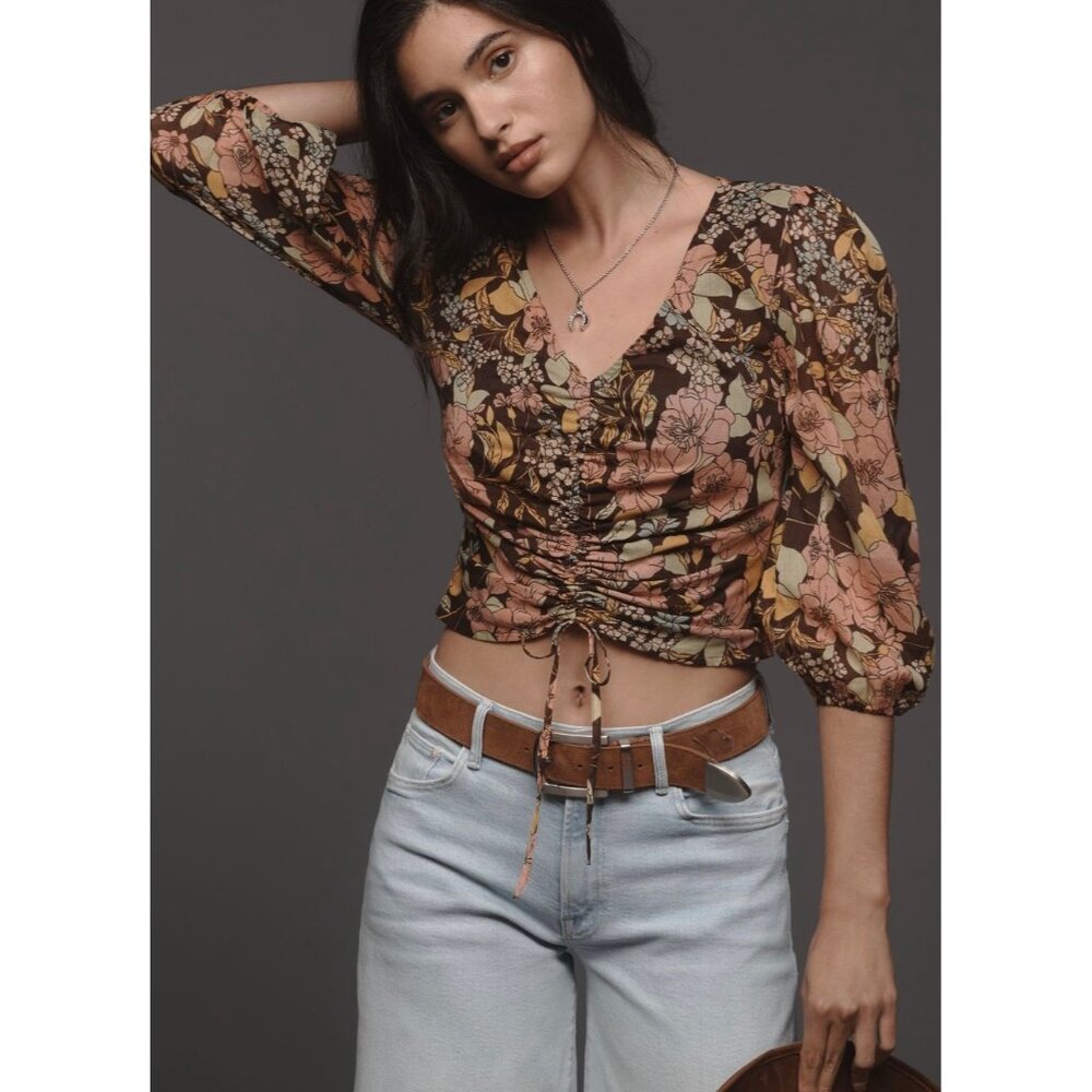 MOTHER The Cinch Top XS Brown Floral Puff Sleeve Ruched Front Lightweight Blouse
